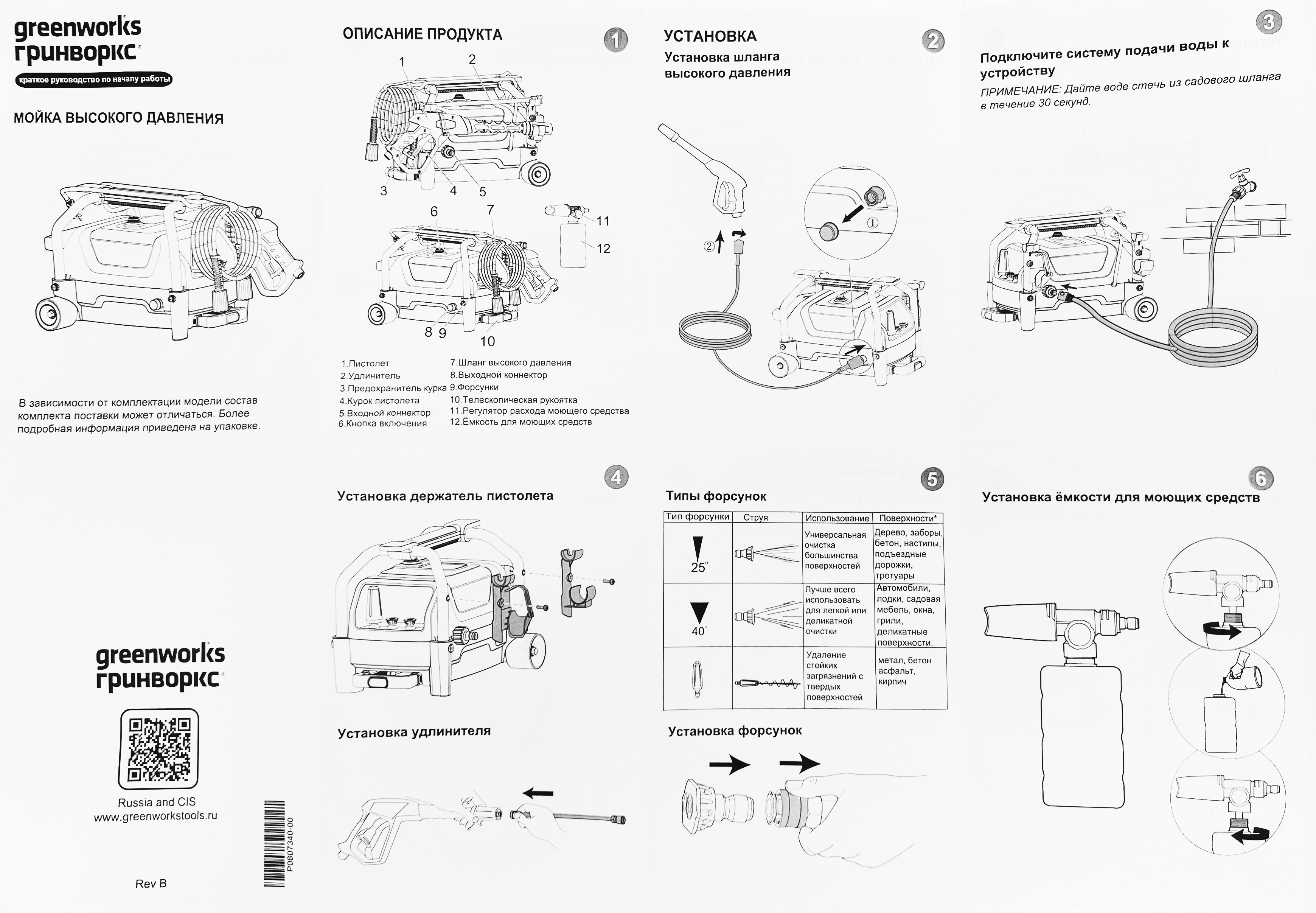 Мойка высокого давления 140 бар 1900 Вт электрическая Greenworks PW3140
