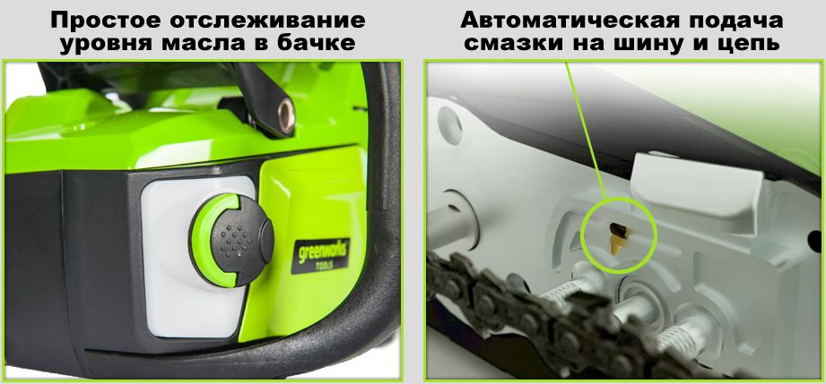 автосмазка цепи и маслобак цепной пилы гринворкс