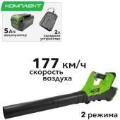 Воздуходув аккумуляторный 177 км/ч Greenworks 40V G40ABK5 2400807, с АКБ на 5 А*ч и ЗУ