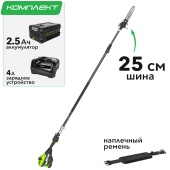 Высоторез – cучкорез аккумуляторный 25 см Greenworks 82V PS102T 1402407, бесщёточный, с АКБ на 2,5 А*ч и ЗУ