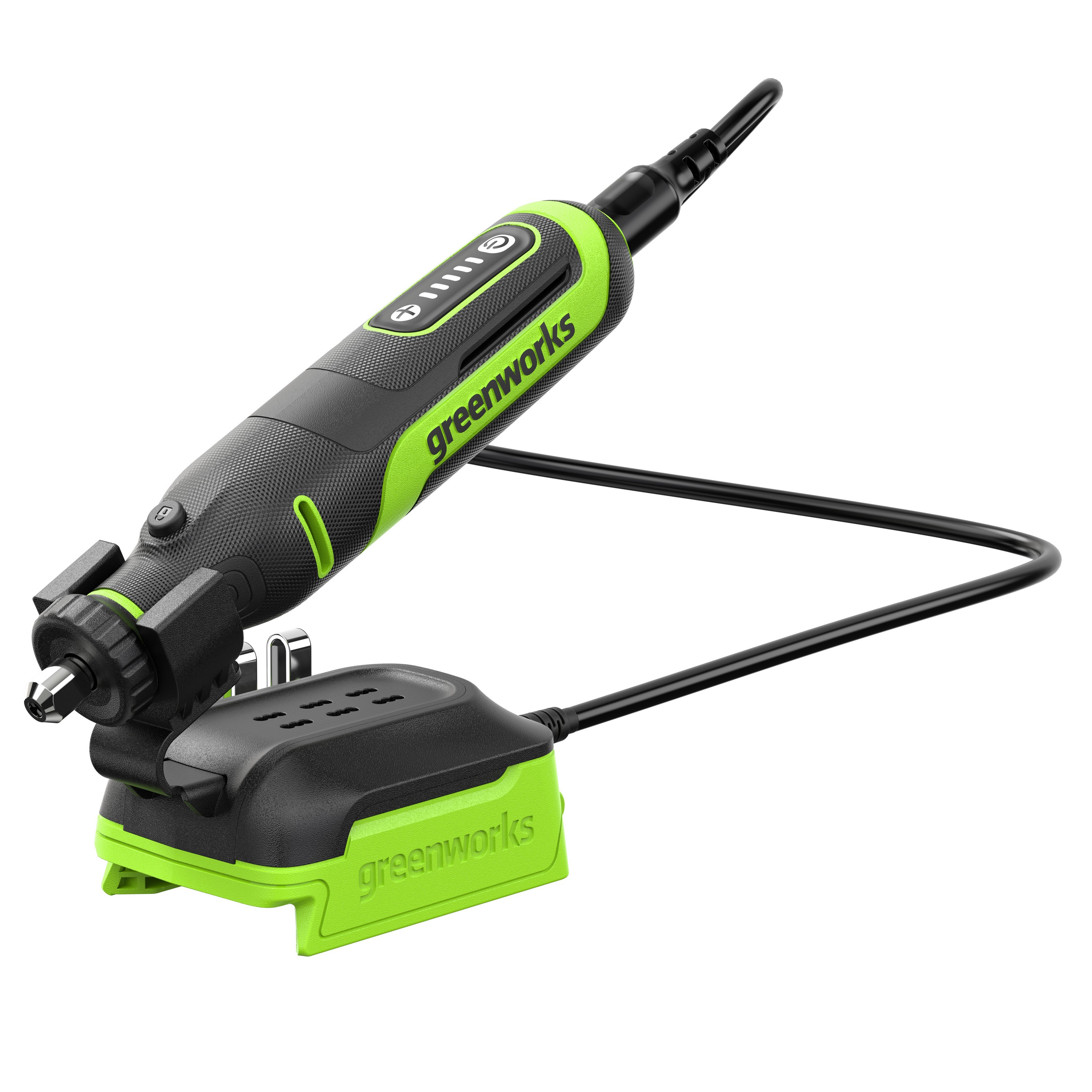 Гравёр аккумуляторный Greenworks G24RT 24V 3200807, бесщеточный, с базой и оснасткой (52 шт), без АКБ и ЗУ