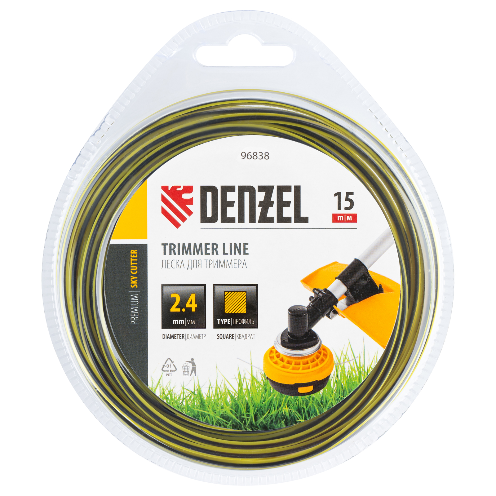 Леска для триммера двухкомпонентная квадратная, 2,4мм х 15м, блистер SkyCutter Denzel