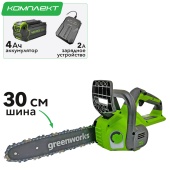 Пила аккумуляторная цепная Greenworks 30 см 40V G40CS30II 2007807, с АКБ на 4 А*ч и ЗУ