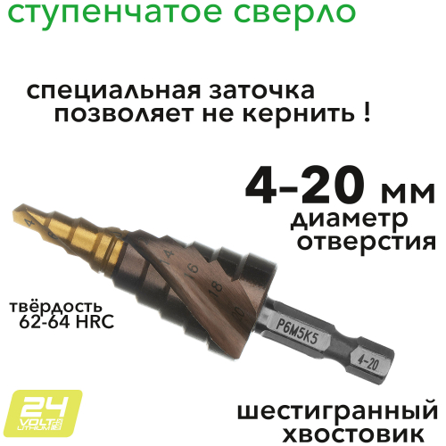 Сверло ступенчатое 4-6-8-10-12-14-16-18-20 мм, Р6М5К5, шестигранный хвостовик Denzel