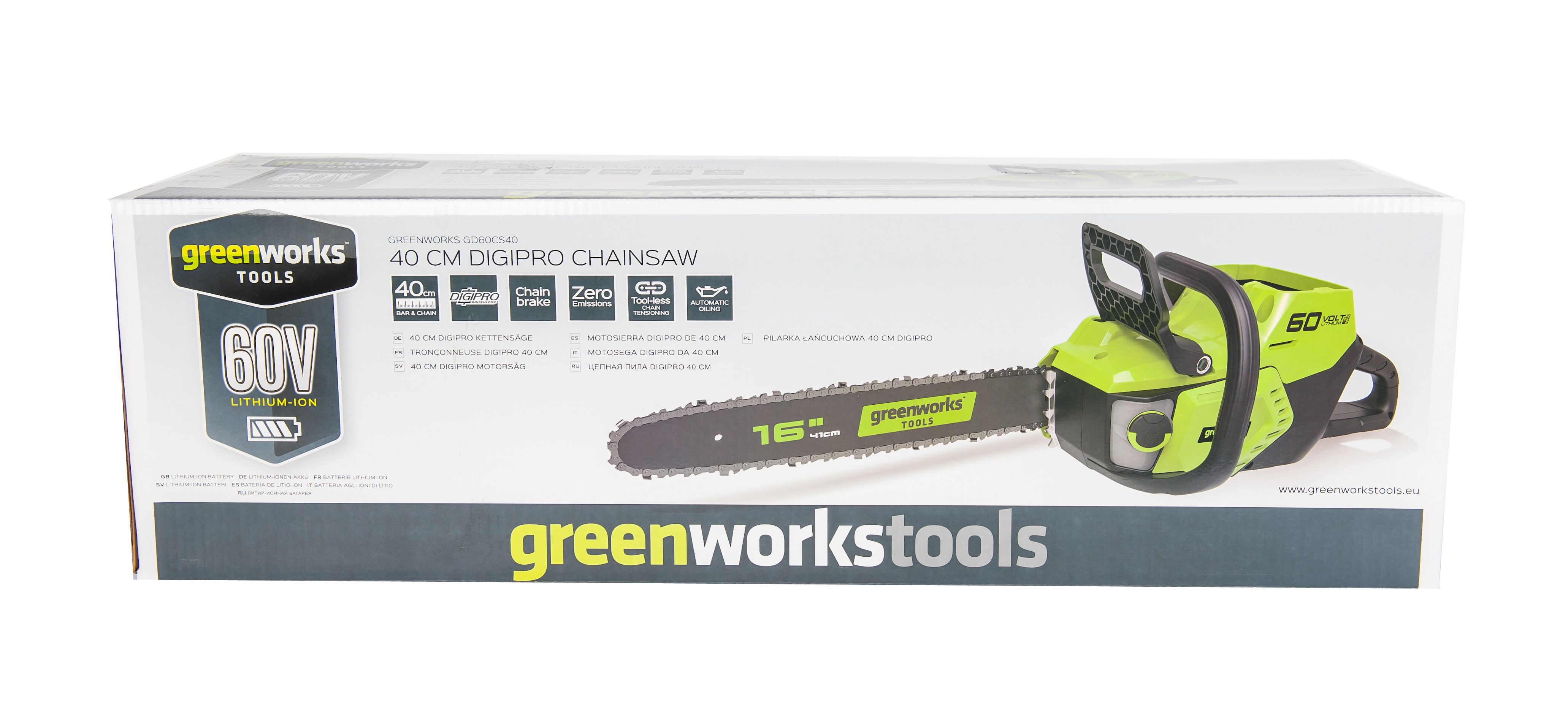 Пила аккумуляторная цепная Greenworks 40 см 60V GD60CS40, бесщёточная, без АКБ и ЗУ