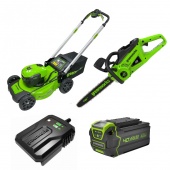 Комплект газонокосилка самоходная Greenworks 48 см 40V, цепная пила 40см, зарядное устройство и аккумулятор на 4Ач 40V Комплект газонокосилка самоходная Greenworks 48 см 40V, цепная пила 40см, зарядное устройство и аккумулятор на 4Ач 40V