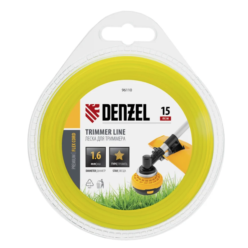 Леска для триммера звезда 1,6 мм х 15 м блистер FLEX CORD DENZEL 96110