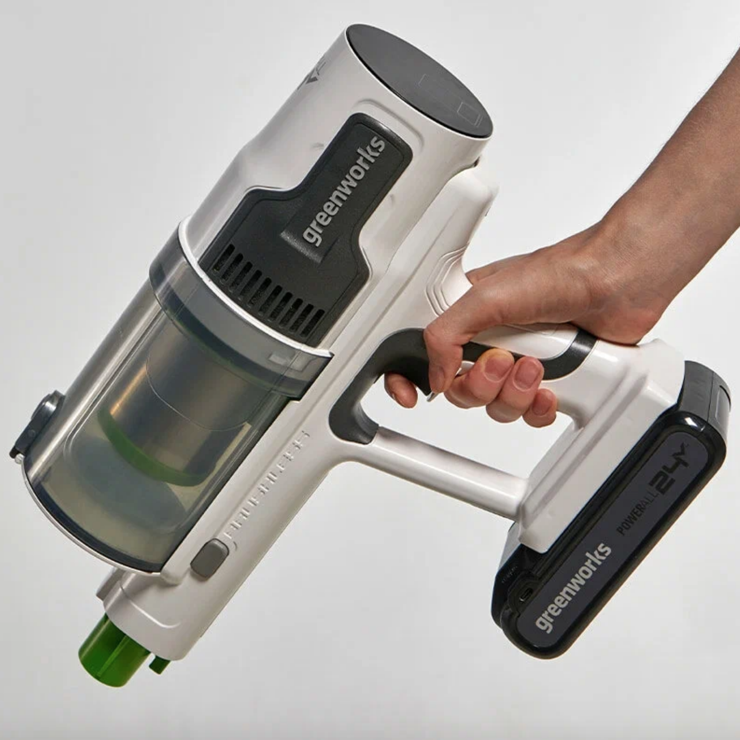 Пылесос вертикальный 500 Вт аккумуляторный Greenworks 24V G24SVK4D 4701107 на стойке, бесщёточный, с АКБ на 4 А*ч и ЗУ