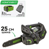 Одноручная пила аккумуляторная цепная Greenworks 25 см 40V GD40TCS 2003807, бесщёточная, с АКБ на 2 А*ч и ЗУ