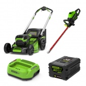 Комплект газонокосилка самоходная Greenworks 51 см 60V, кусторез 66см, зарядное устройство и аккумулятор на 4Ач 60V Комплект газонокосилка самоходная Greenworks 51 см 60V, кусторез 66см, зарядное устройство и аккумулятор на 4Ач 60V