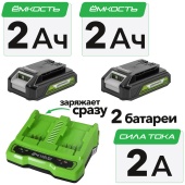 Комплект: зарядное устройство двойное Greenworks 24V и два АКБ на 2 А*ч