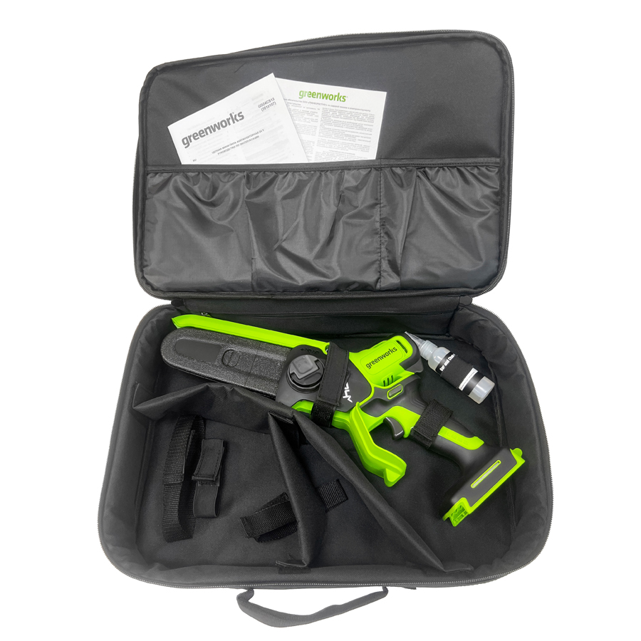 Мини-пила аккумуляторная цепная Greenworks 15 см 24V GD24CS15 2010107 с автоматической смазкой цепи, бесщёточная, без АКБ и ЗУ