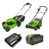 Комплект газонокосилка самоходная Greenworks 48 см 40V, аэратор 38см, зарядное устройство и аккумулятор на 4Ач 40V Комплект газонокосилка самоходная Greenworks 48 см 40V, аэратор 38см, зарядное устройство и аккумулятор на 4Ач 40V