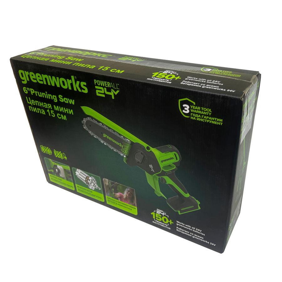 Мини-пила аккумуляторная цепная Greenworks 15 см 24V GD24CS15 2010107 с автоматической смазкой цепи, бесщёточная, без АКБ и ЗУ