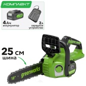 Пила аккумуляторная цепная Greenworks 25 см 24V G24CS25 2007707, с АКБ на 4 А*ч и ЗУ