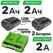 Комплект: зарядное устройство двойное Greenworks 24V и два АКБ с USB на 2 А*ч