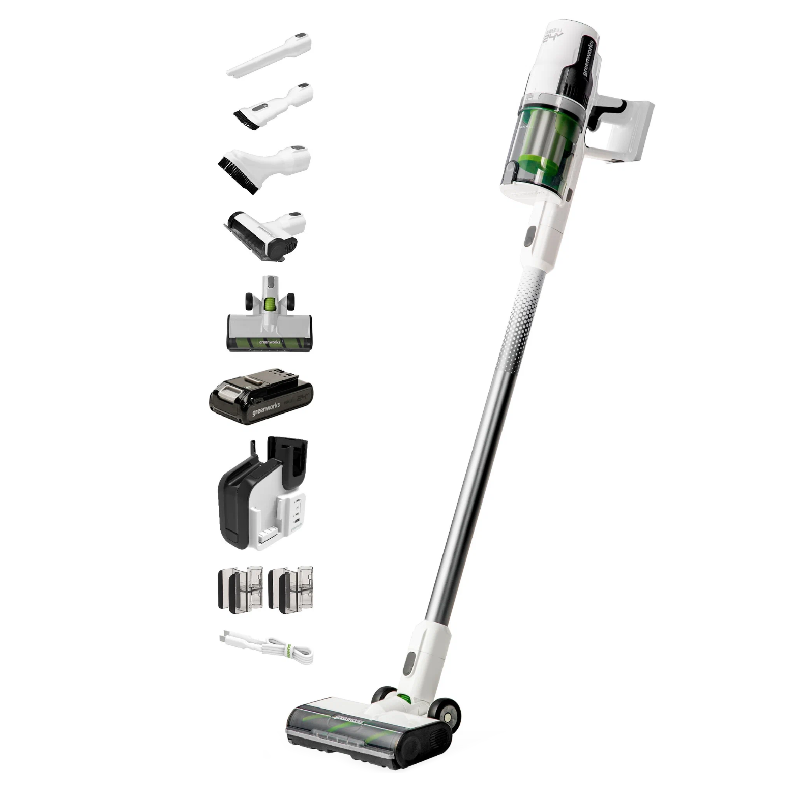 Пылесос вертикальный 500 Вт аккумуляторный Greenworks 24V G24SVK4D 4701107 на стойке, бесщёточный, с АКБ на 4 А*ч и ЗУ