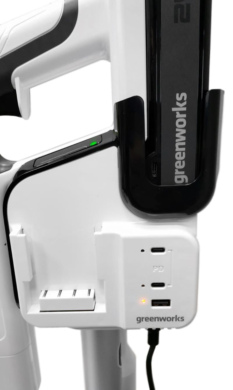 Пылесос вертикальный 500 Вт аккумуляторный Greenworks 24V G24SVK4D 4701107 на стойке, бесщёточный, с АКБ на 4 А*ч и ЗУ