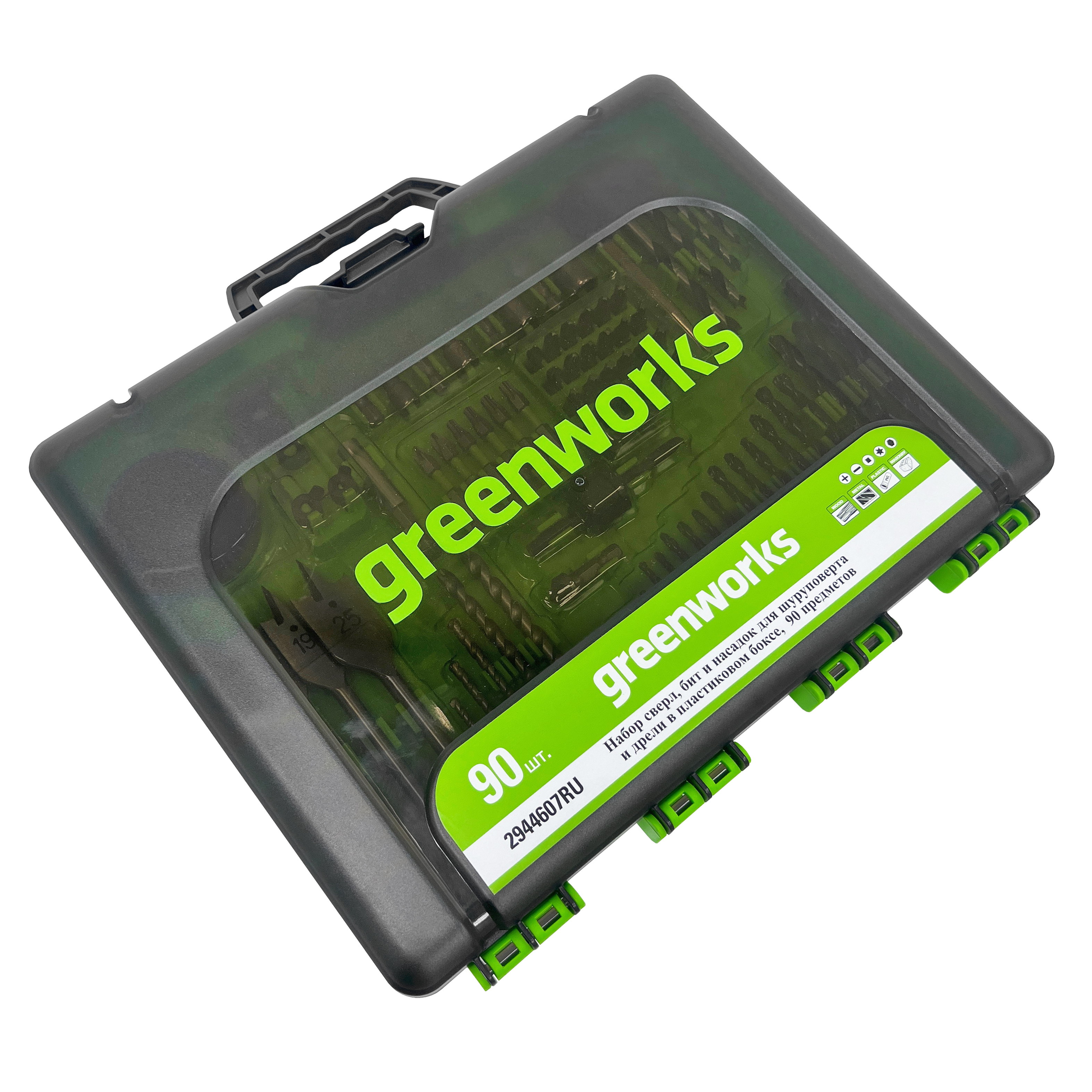 Набор свёрел, бит и коронок Greenworks 2944607 (90 шт.), в кейсе