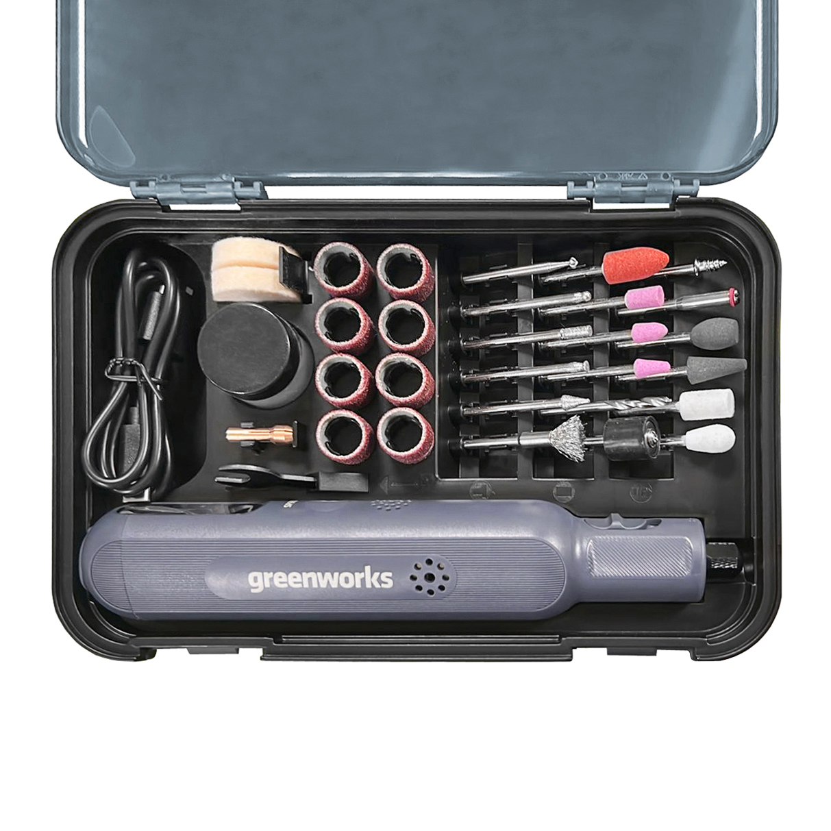 Гравёр аккумуляторный Greenworks 8V, GPT-8VRT 3200707, с оснасткой (52 шт.), в кейсе