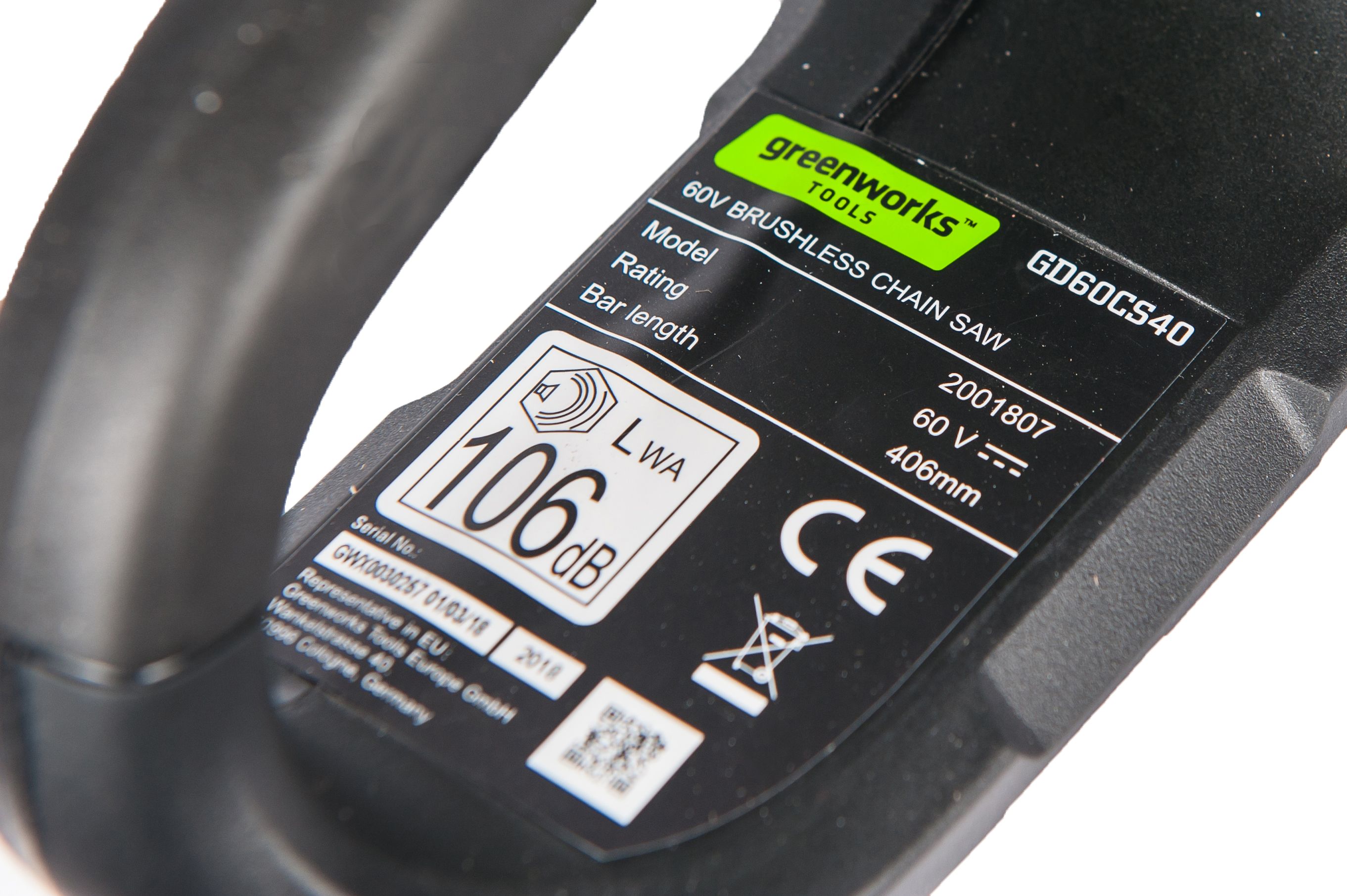 Пила аккумуляторная цепная Greenworks 40 см 60V GD60CS40, бесщёточная, без АКБ и ЗУ