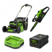 Комплект газонокосилка самоходная Greenworks 51 см 60V, цепная пила 60см, зарядное устройство и аккумулятор на 4Ач 60V Комплект газонокосилка самоходная Greenworks 51 см 60V, цепная пила 60см, зарядное устройство и аккумулятор на 4Ач 60V