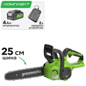 Пила аккумуляторная цепная Greenworks 25 см 24V G24CS25 2007707, с АКБ на 4 А*ч и ЗУ