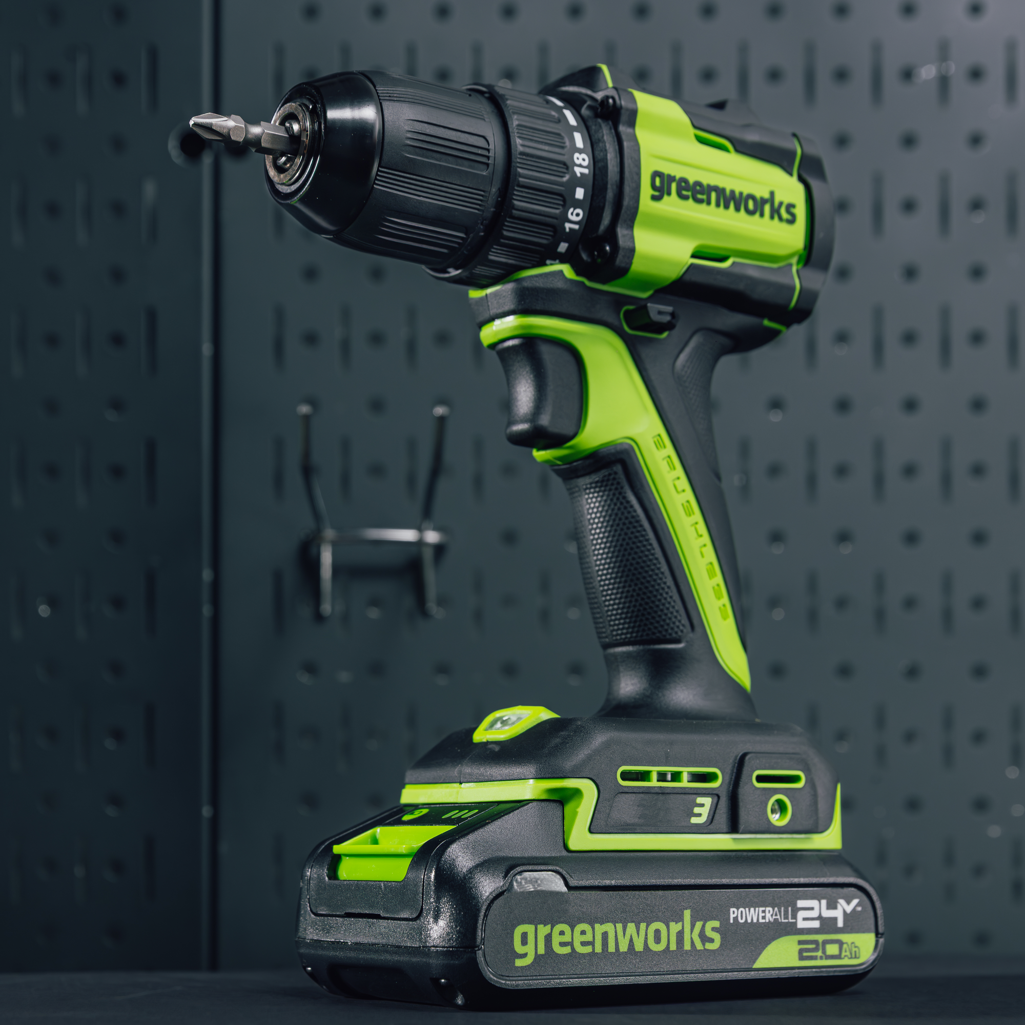 Дрель-шуруповерт 27/45 Нм аккумуляторная Greenworks 24V DD345 3708307, бесщеточная, без АКБ и ЗУ
