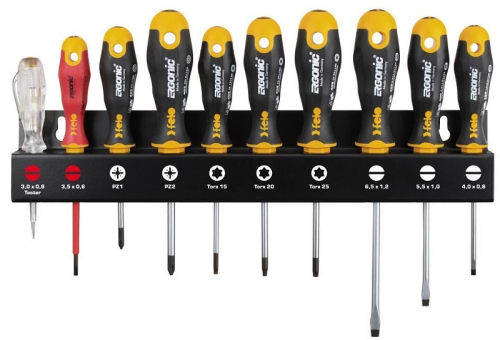 Набор отверток SL/PZ/Tx Ergonic, отвертка VDE и отвертка тестер-сети на стальной стойке, 10 шт FELO 400 910 43
