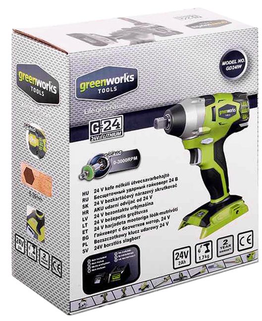Гайковёрт импульсный аккумуляторный Greenworks 24V GD24IW, бесщёточный