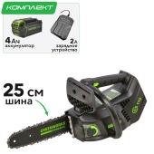 Одноручная пила аккумуляторная цепная Greenworks 25 см 40V GD40TCS 2003807, бесщёточная, с АКБ на 4 А*ч и ЗУ