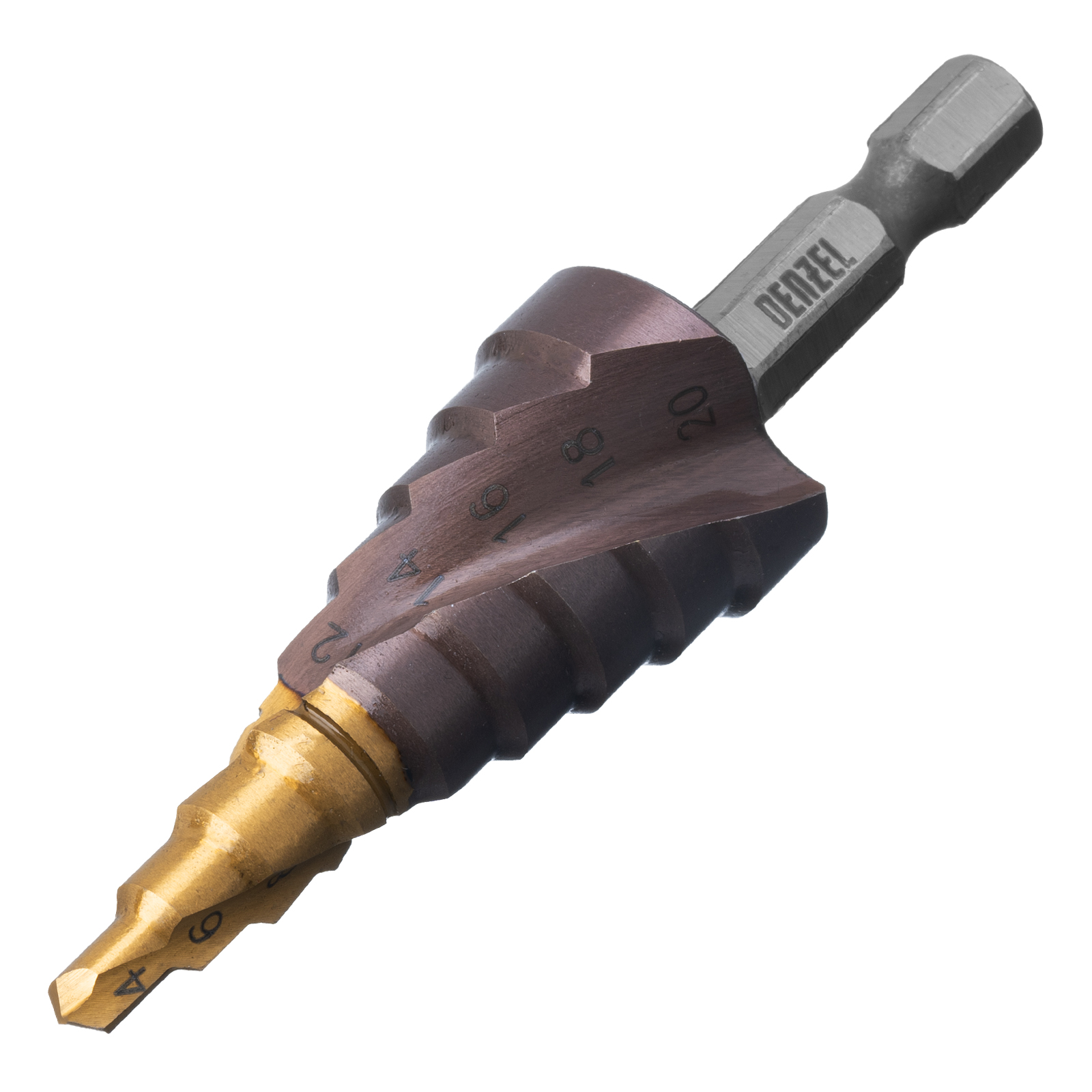 Сверло ступенчатое 4-6-8-10-12-14-16-18-20 мм, Р6М5К5, шестигранный хвостовик Denzel