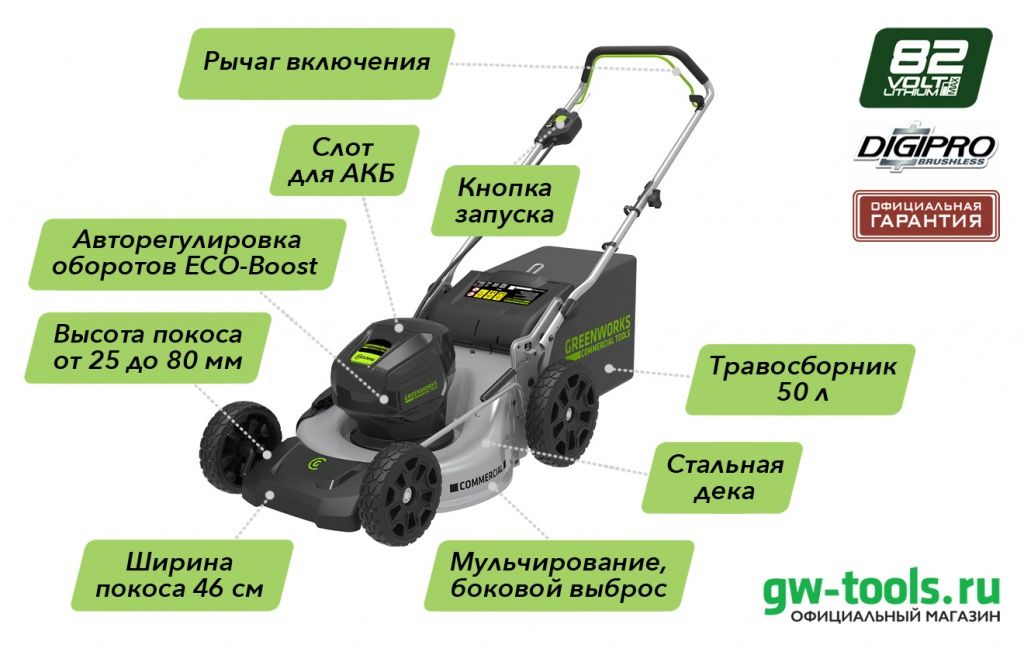 Газонокосилка аккумуляторная Greenworks 46 см 82V GC82LM46, бесщёточная 2502407.jpg
