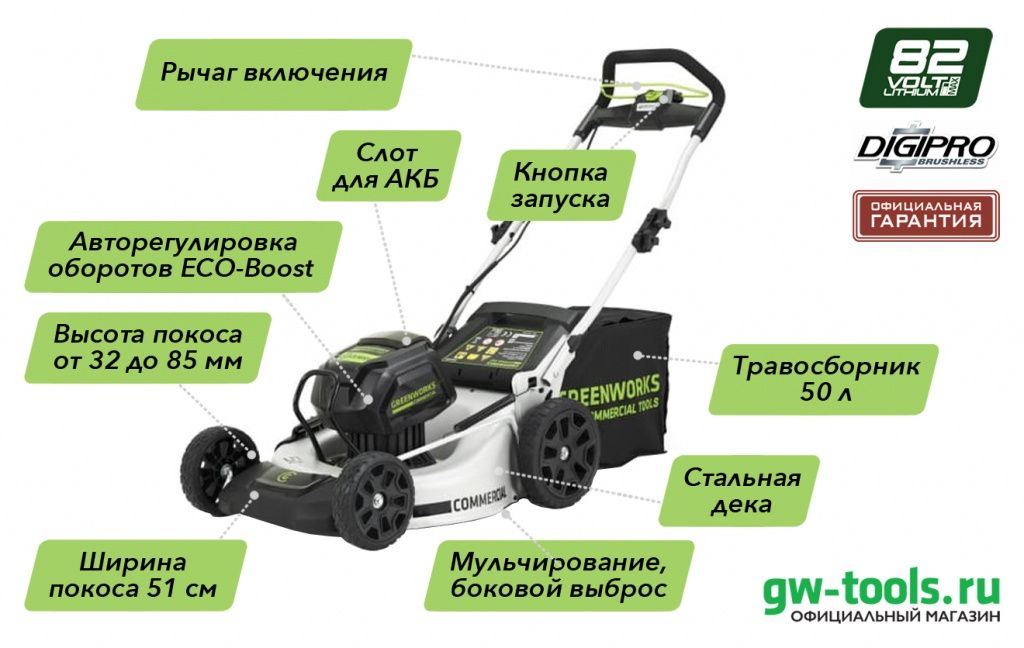 Газонокосилка аккумуляторная Greenworks 51 см 82V GD82LM51, бесщёточная 2502007.jpg